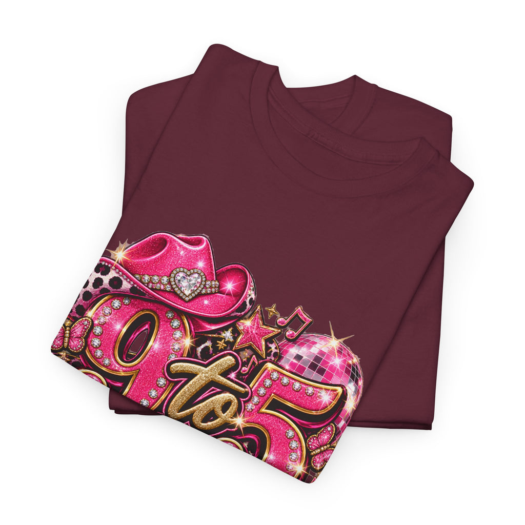 9 to 5 Pink Cowgirl Tee — Western Glitter Workday Graphic Shirt