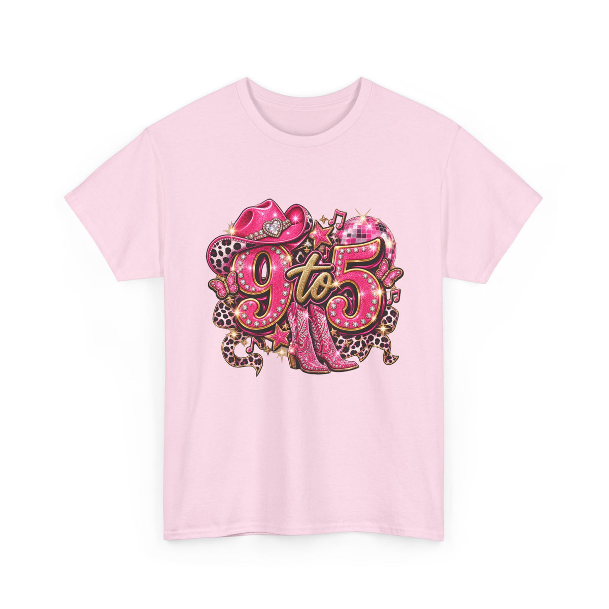 9 to 5 Pink Cowgirl Tee — Western Glitter Workday Graphic Shirt