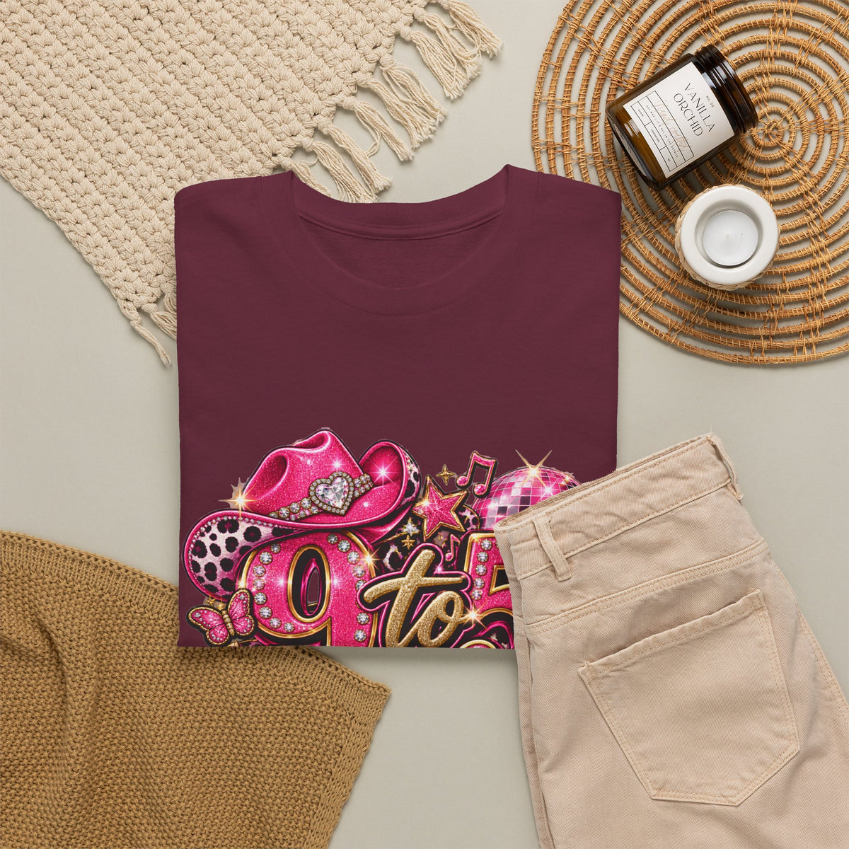 9 to 5 Pink Cowgirl Tee — Western Glitter Workday Graphic Shirt