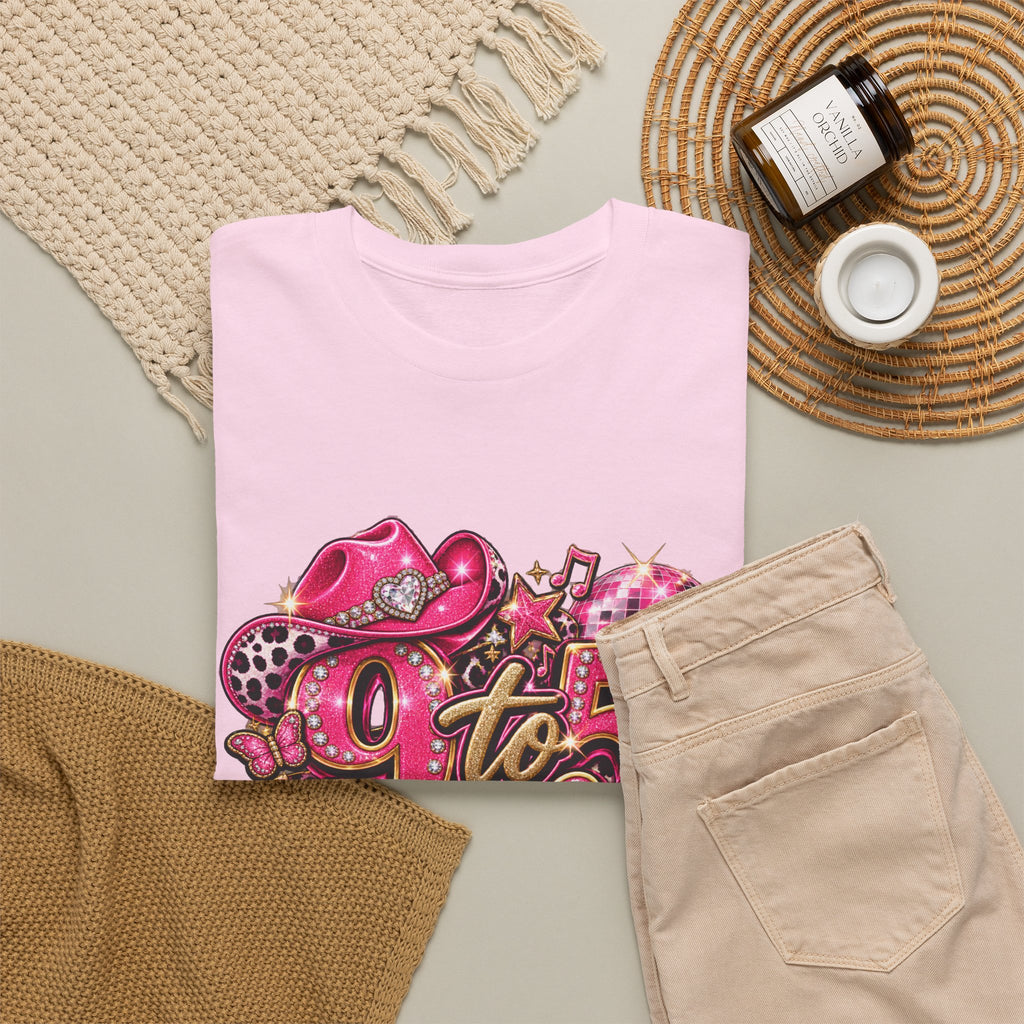 9 to 5 Pink Cowgirl Tee — Western Glitter Workday Graphic Shirt