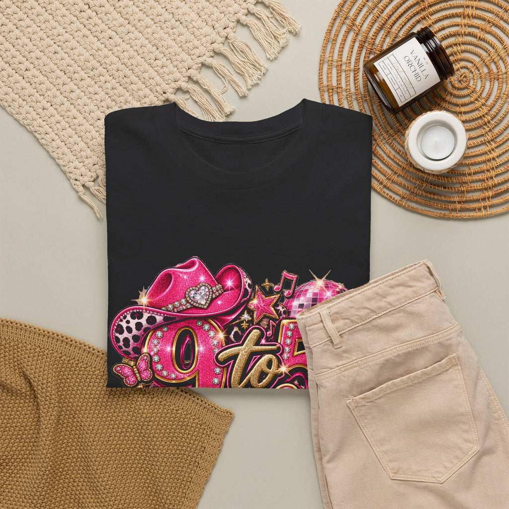 9 to 5 Pink Cowgirl Tee — Western Glitter Workday Graphic Shirt