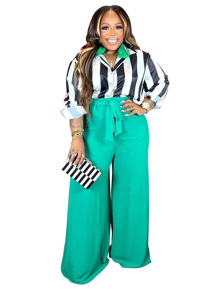 Wmstar Plus Women 2 Piece Print High Waist Long Sleeve Top Wide Leg Fashion Pants Sets